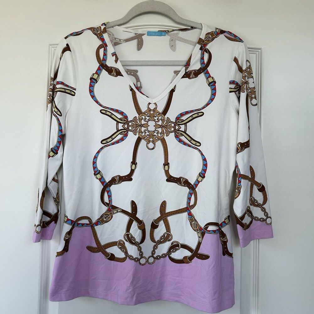 J McLaughlin Top Size M White Lavender Equestrian Chain Print Catalina Cloth